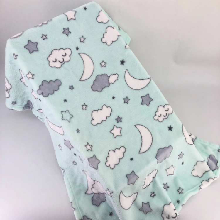 Printing Flannel Fleece Baby Receiving Blanket with Cute Mint Moons & Stars for Boys and Girls