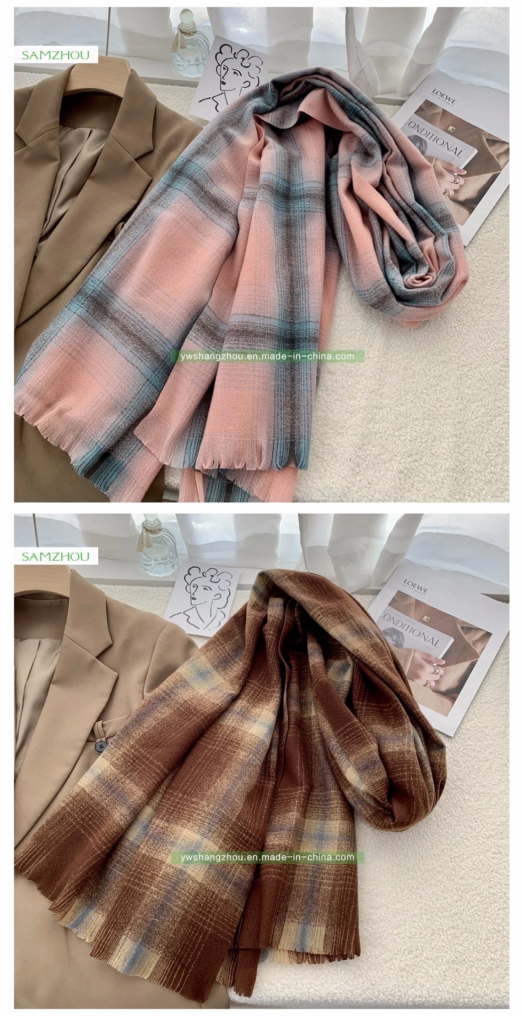 Soft Plaid Scarf Fashion Lady Cashmere Long Shawl with Tassel Winter